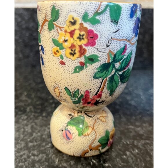 Double Egg Cup Heavy Floral Pattern Blue Pinks Greens Gold Rim Not Royal Winton - Picture 7 of 9